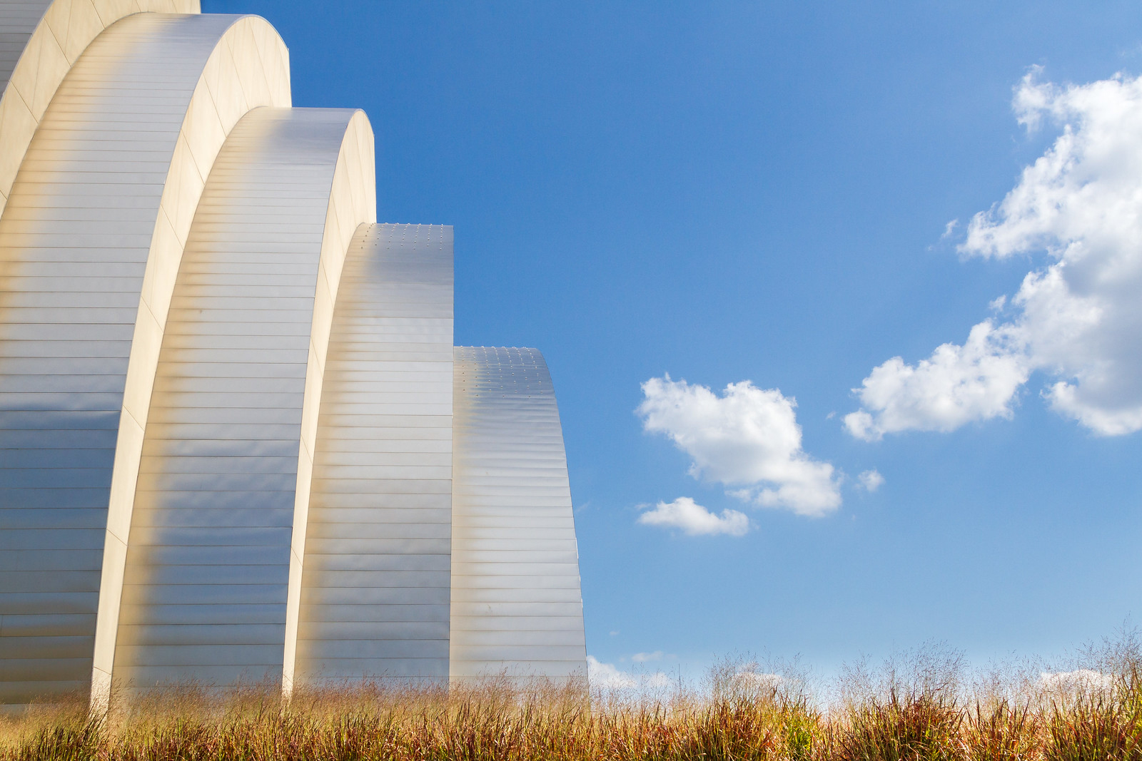 A modern building with curved, metallic exterior walls stands against a blue sky with scattered clouds. Tall grass is visible in the foreground, reminiscent of the open spaces around Kansas City Performing Arts.