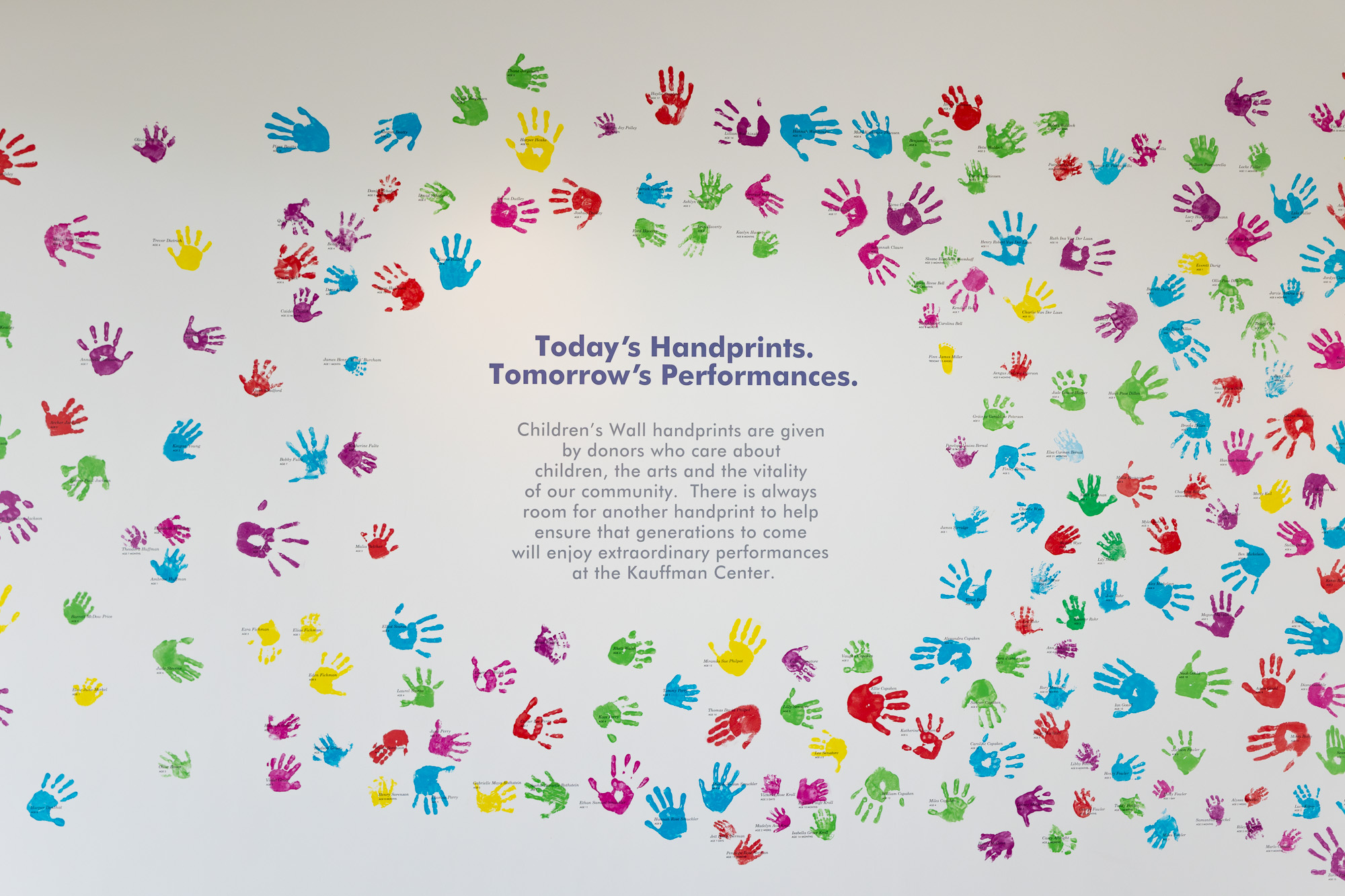 A wall featuring colorful handprints surrounds text explaining that children's handprints are donations supporting community arts, beautifully displayed at the Kauffman Center for the Performing Arts. Visitors can view this heartwarming exhibit as part of a guide to the Kauffman Center.